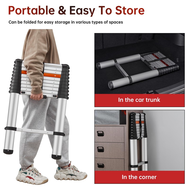 ICARRY Telescoping Ladder 10.8 FT Aluminum One-Button Retraction Collapsible Ladder,