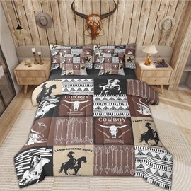Country Western Bedding Sets Queen,Tribe Geometry Aztec Bed in a Bag Queen Comforter Set 7 Piece,Cowboy Horse Sheet Set with Comforter,Gothic Bull Skull Cowgirl Southwestern Decor,Black Brown