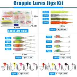 Crappie Lures Jigs Heads Kit, 58pcs Crappie Baits Soft Plastic Lures with Underspin Jig Heads Hooks Paddle Tail Grub Baits for Trout Bass Walleye Bluegill Perch Catfish