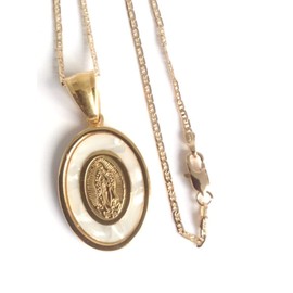 SIFRIMANIA Mother of Pearl Stainless Steel Virgen de Guadalupe Pendant Necklace Gold Plated 18k Chain 17.2 Inches (Guadalupe Virgin)