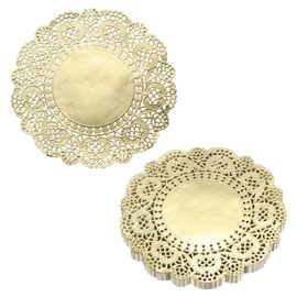 sourcing map 100pcs Lace Paper Doilies 5 Inch Gold Round Disposable Decorative Paper Placemats Hollow Flower Absorbing Papers for Cakes Desserts Food Decoration Wedding Birthday