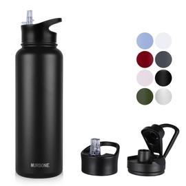 MURBONE Insulated Water Bottle, 1.2L Stainless Steel Drink Flask with Straw, BPA Free, 2 Lids (Straw Lid and Spout Lid), Leakproof Double Walled Vacuum Water Bottle, Black