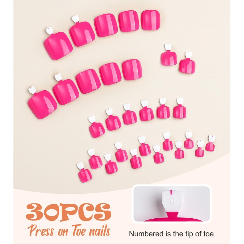 Morily Hot Pink Press on Toenails Short Square Fake Toenails