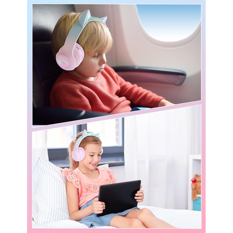 Bluetooth Kids Headphones,Cat Ear LED Light Up Kids Wireless Headphones,Bluetooth