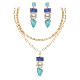 EVER FAITH Baroque Turquoise Necklace Set Vintage Boho Statement Multilayer and Earrings Blue Jewellery Set, Turquoise