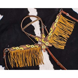 Showman Hand Painted Sunflower Leather Browband Headstall & Breast Collar Set w/Fringe & Reins