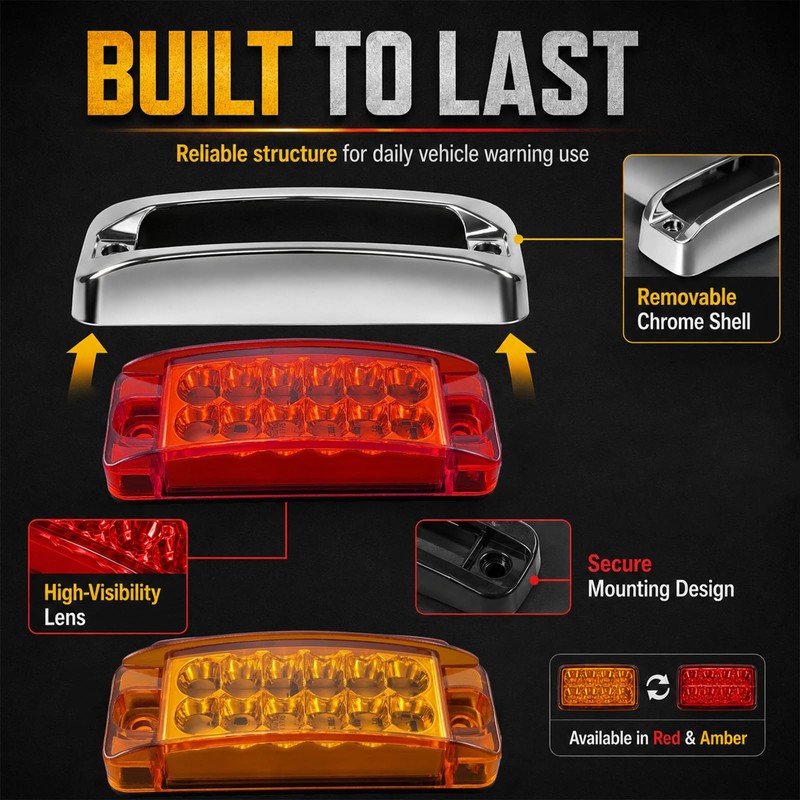 3.5 Inch 2 Red 2 Amber 12 LED Chrome Rectangular