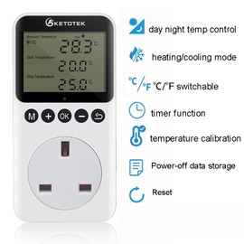 KETOTEK Digital Thermostat Plug Socket with Day Night Timer, Day and Night Temperature Controller Thermostatic Plug 220V for Reptile Terrarium Greenhouse Freezer Heating Cooling White-kt3200pro