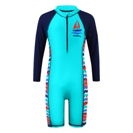 TFJH E Boys Long Sleeve Swimsuits Rash Guard Swimwear 50+ UV Zip One-Piece