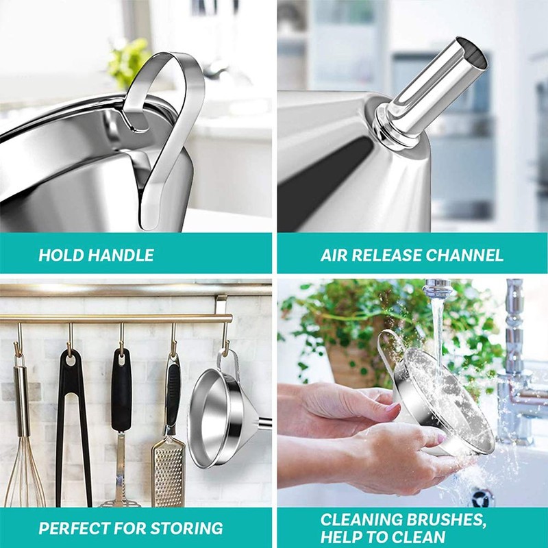 Stainless Steel Funnel Set Kitchen Strainer Funnel Filter Set Wide
