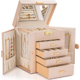 AKOZLIN 5-Tier Jewelry Box Leather Jewelry Storage Organizer with 4 Drawers Lockable for Women Girls Ring Necklace Earring Bracelet Watches Holder with Mirror Champagne