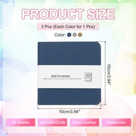 PATIKIL 4x4 Watercolor Paper Sketchbook, 3Pcs 30 Sheet 300GSM/203lb Acid Free Watercolor Journal Hardcover Artists Paper Pads for Painting, Dark Blue/Brown/Light Gray