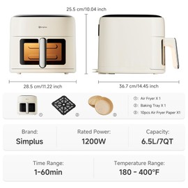 SIMPLUS Air Fryer 7 QT with Easy-View Window, Large Capacity Airfryer for Family, 400°F Rapid Air Crispy Technology, Touch Controls with 10 Presets, Nonstick & Dishwasher Safe Basket - Cream White