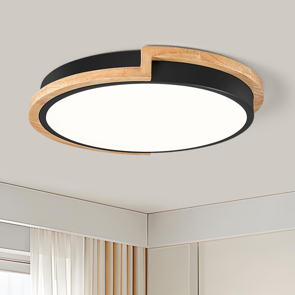 Vikaey Modern Wood LED Flush Mount Ceiling Light Fixture,Blcak Round