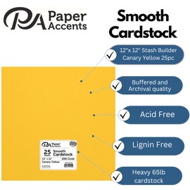 PA Paper Accents Cardstock Pack 12" x 12" Canary Yellow, Smooth, 65lb Colored cardstock Paper for Card Making, Scrapbooking, Printing, Quilling and Crafts, 25 Pieces