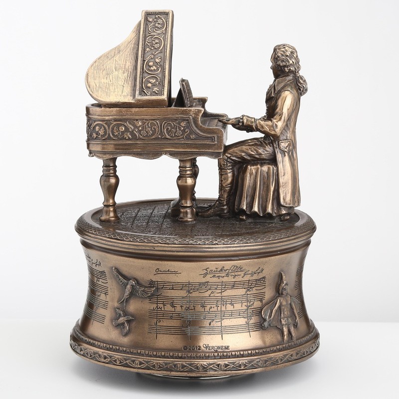 Bronzed Mozart Playing Piano Spinning Music Box