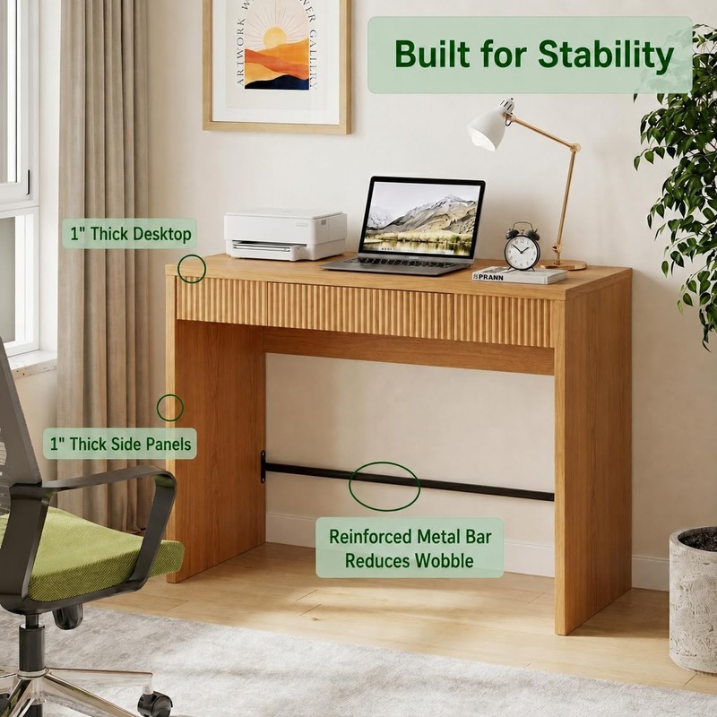 40 Inch Small Desk with Fluted Drawer, Farmhouse Wooden Computer