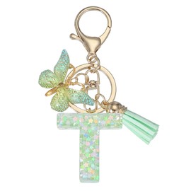 PATIKIL Alphabet Initial Letter Keychain, Resin Cute Keychains with Tassel Butterfly Letter T Pendant Charm for Women Key Purse Handbag Bag Accessories, Green