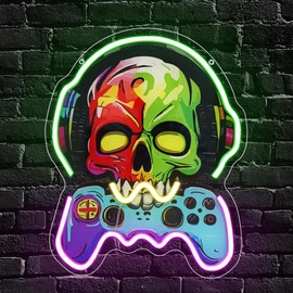 Gaming Neon Sign for Wall Decoration, Gamer LED Skull Head with Headphones Neon Sign for Background, Gaming Wall Art Decor Gift for Bedroom Bar Video Room Party USB Powered (13.4 x 11 Inches)