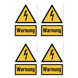 Sticker: 150 x 100 mm, 4 pieces, signal word warning of electrical voltage, warning sign with text (German) (yellow/black), vertical, W012, DIN EN ISO 7010/ASR A1.3