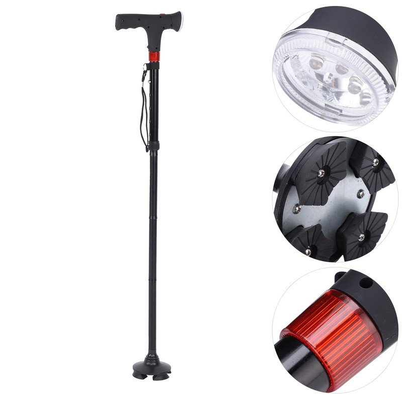 Aluminum Alloy Folding Light Cane Elderly Four‑legged with Lamp Non‑slip