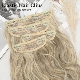 KooKaStyle Clip in Synthetic Highlight Hair Extensions Long Wavy 4PCS Thick Hairpieces Ash Brown mix Platinum Blonde Fiber Double Weft Natural Hair Extensions 20 Inch for Women