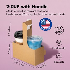 FMP Brands 2 Cup Drink Carrier with Handle, Kraft Paperboard to Go Coffee Cups Holder 12-30 oz for Cold/Hot Drinks, Portable Foldable Drink Carrier for Delivery, Uber Eats, Made in USA-15 Pack