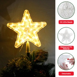 Christmas Tree Topper Star, Christmas Tree Topper Decoration with 30 LEDs, Tree Topper Star 9 x 1.57 inches, Sparkling Stars, Christmas Tree Star, Topper Lights Christmas Decoration