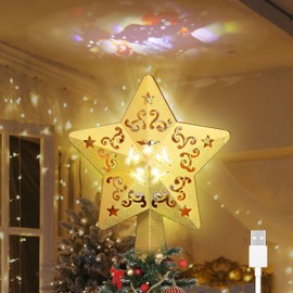 LAMPHOME Christmas Tree Topper Lighted Star with Projector Light, 3D Glitter Gold Christmas Tree Star Topper Christmas Projector Lights Indoor for Home Xmas Christmas Tree Decorations