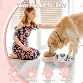 Slow Feeder Dog Bowls, Double, Stainless Steel Slow Water Bowl for Dogs, Non-Slip Anti-chokin Puppy Feeding Bowls for Small Medium Dogs Cats
