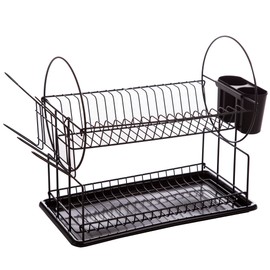 BINO 2-Tier Dish Rack with Tray - Matte Black | Drying Rack with Drainboard | Dish Holders for Cups, Wine Glasses & Plates | Utensils Cutlery Strainers | Storage Rack for Kitchen Counter Organization