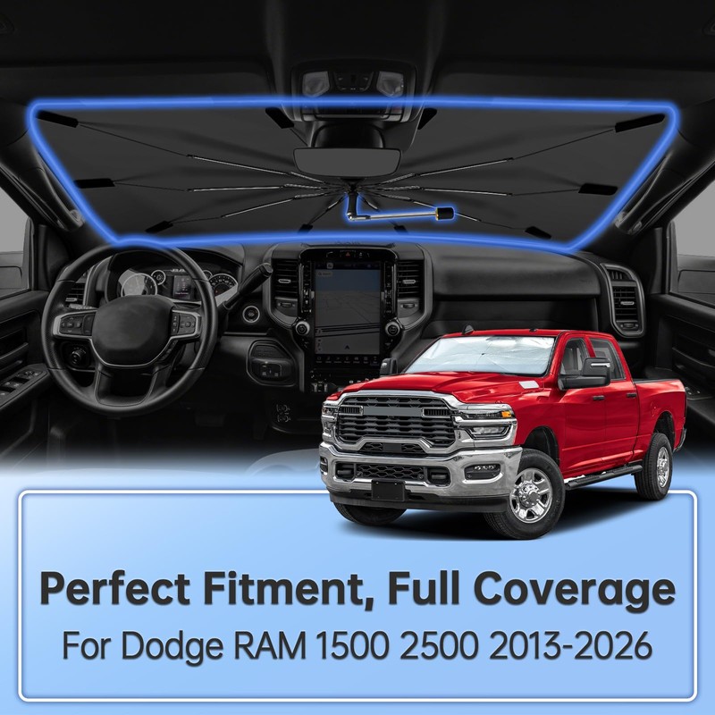 Windshield Sun Shade Umbrella for Dodge RAM 1500 2013-2026, Foldable