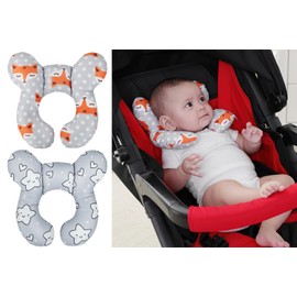 Qchomee 2PCS Baby Head Support Pillow Newborn Infant Headrest Neck for Stroller Pram Buggy Toddler Car Travel Cushion Soft Safety U Shaped Kids Child Sleeping