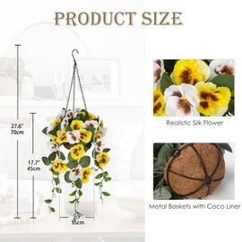 Briful Artificial Hanging Basket Outdoor Yellow&White Pansy Fake Flowers Realistic Silk Fall Bloom Faux Flowers Coconut Basket for Home Decor Indoor Farmhouse Balcony Patio Garden