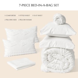 EVERGRACE King Size Comforter Set 7 Pieces Bed in a Bag for College Dorm, White Tufted Shabby Chic Boho Comforter and Sheet Set with Pom Pom Textured, Soft Fluffy Farmhouse Complete Bedding Set