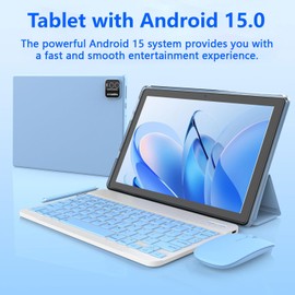 Tablet Android 15, 10 inch 2 in 1 Tablets with Keyboard/Case/Mouse/Stylus, 8GB RAM+64GB ROM+1TB Expand Tablet, 1280 * 800 IPS Touch Screen Tablet Computer, 2.4G/5G WiFi 6 BT 5.0, Long Battery Life