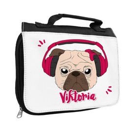 Kulturbeutel mit Namen Viktoria und Motiv - Mops mit Kopfhörer pink - für Mädchen | Kulturtasche mit Vornamen | Waschtasche für Kinder