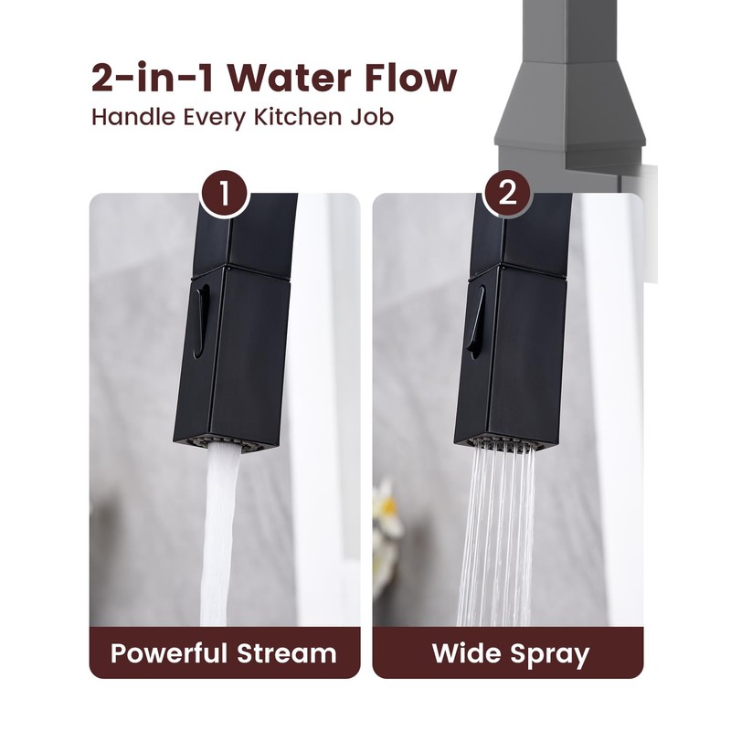 Black Square Kitchen Faucet – Modern Pull-Down Sprayer with 2-Mode