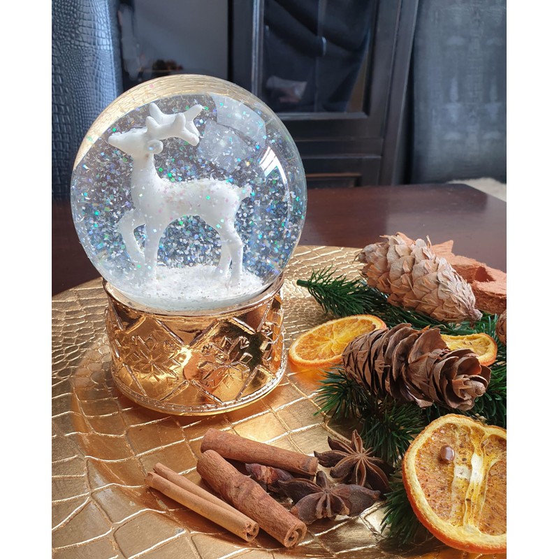 Snow globe deer white on base copper gold snowflakes with