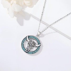 YYmqmq Western Cow Skull Necklace 925 Sterling Silver Turquoise Bull Cactus Pendant Country Necklace Western Jewelry Gifts for Women Cowgirl Girlfriend