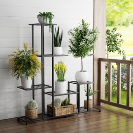 Soporte para Plantas de Metal, Estante para Plantas 5 Niveles Estante Decorativo de Acero Negro, Base para Macetas, Mueble para Plantas para Interiores y Exteriores