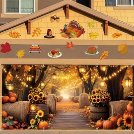 Fall Garage Door Cover Banner 7x16ft Thanksgiving Autumn Forest Backdrop Decorations Harvest Pumpkin Sunflower Leaves Background Mural for Home Outdoor Indoor Wall Window Yard