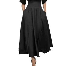 EMOTTOS Women Long Skirts, Back Tie Waist Knots Frilly Skirt High Waist Skirts, Casual Two Side Pockets A Line Flowy Maxi Ladies Skirt, L, Black