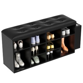 IRONCK Shoe Bench, Ten Cubbies Storage Entryway Bench with PU Leather, Cubby Shoe Rack Organizer with Adjustable Shelves, Vintage Brown