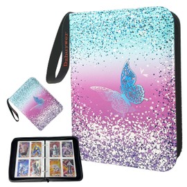 Dzhuywer Trading Card Binder for 4-Pocket 480 Cards with 60 Removable Sleeves with Protection Zipper Easy Carrying Wristband, Portable Trading Card Albums for Boys Girls Gifts, Pink Blue Butterfly