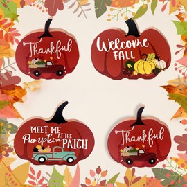 Cute Pumpkin Autumn Decorations Indoor, 4 Pcs Wooden Tiered Tray Decor Table Sign Thankful Fall Decor Pumpkin Signs for Party Home Shelf Display