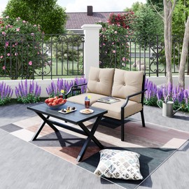 LOKATSE HOME 2 Pieces Outdoor Patio Conversation Furniture Metal Bench Sofa Set Loveseat with Cushion and Coffee Table, Beige