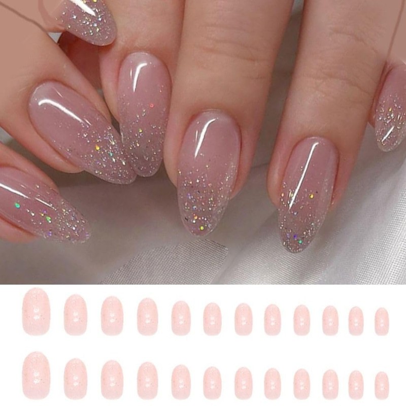 24pcs Long Almond False Nail French Glitter Star River Nail