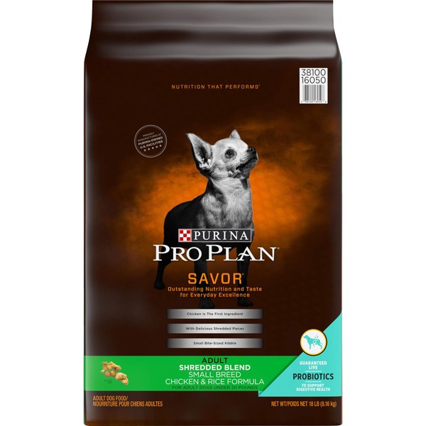 Purina Pro Plan Small Breed Dog Food With Probiotics for Dogs, Shredded Blend Chicken & Rice Formula - 18 lb. Bag