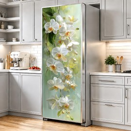 Orchid Refrigerator Door Decal Peel and Stick, White Floral Fridge Door Cover, Waterproof Removable Appliance Sticker for Kitchen Decor, Green Botanical Fridge Wrap 23.6 x 70.9 Inch